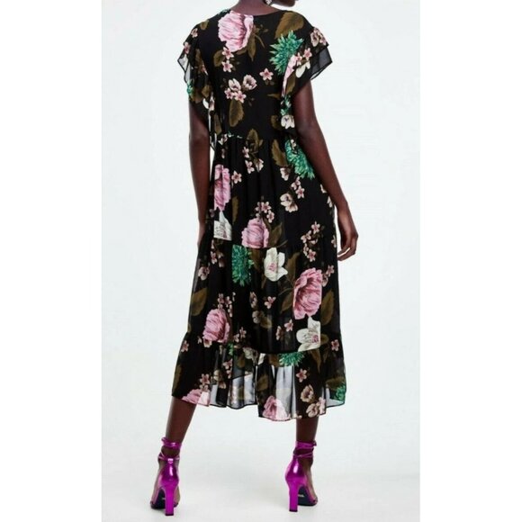 ZARA LOOSE-FITTING V-NECK RUFFLED FLORAL PRINT DRESS Size XS-S - Picture 7 of 10